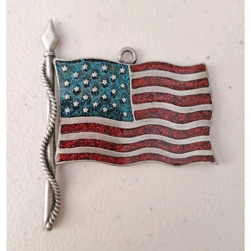 Vtg Gloria Duchin American Flag Necklace Pendant Metal Pewter 2002 MADE IN USA